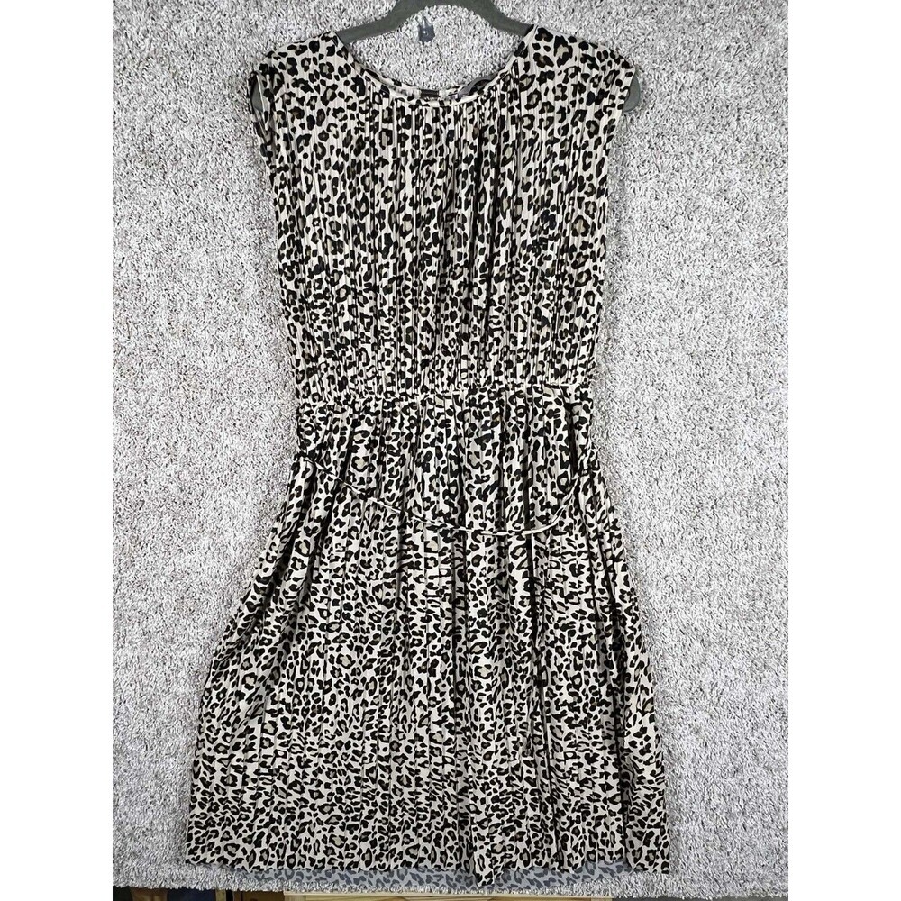 H&M Leopard Print Pleated Shift Dress Women Size L Sleeveless Polyester